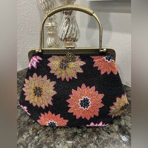 Vintage Floral Beaded Handbag - Black and Multicolor